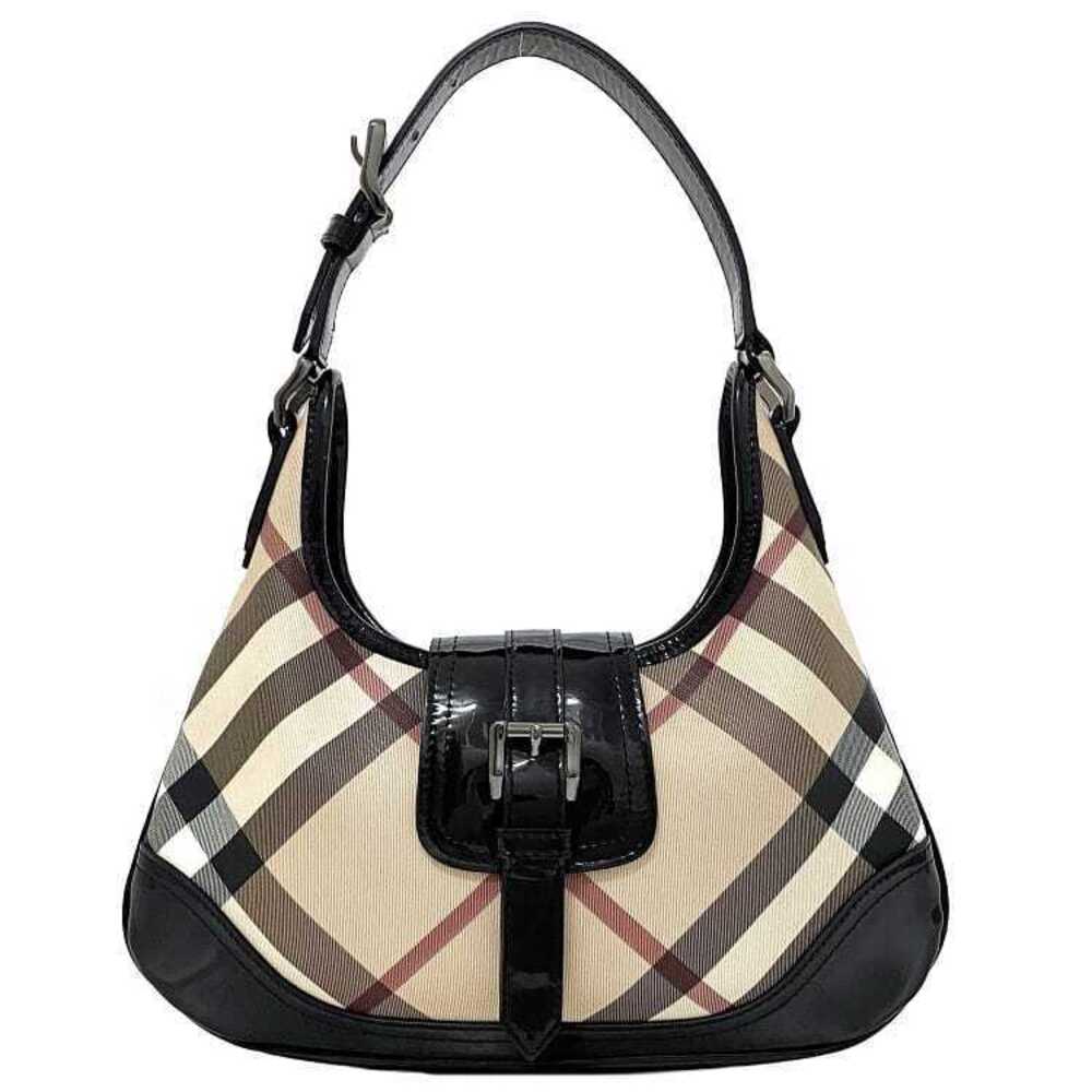 Burberry One Shoulder Hobo Bag Black Beige Check Enamel Shoulder Belt Flap